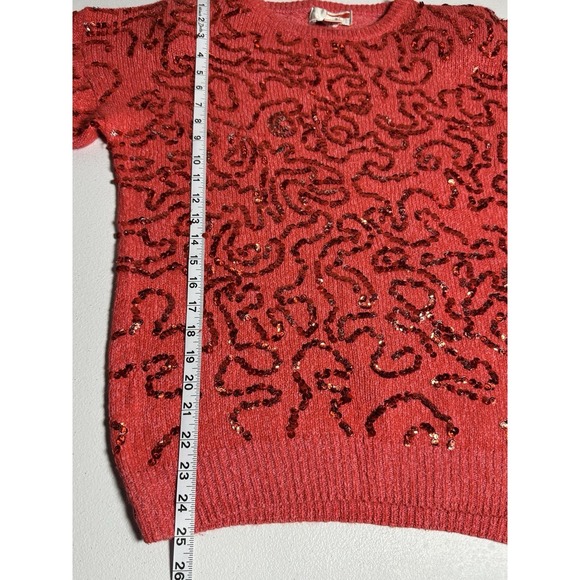Vtg Niaoi Sequin Sweater Red Silk Blend Long Sleeve Size L Disco Coquette Glam - Picture 6 of 12